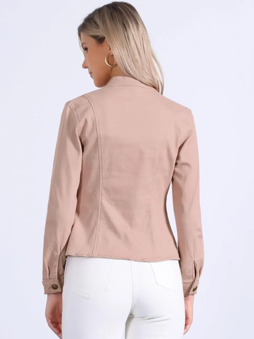Women's Pink Classic Stand Collar Long Sleeve Denim Jackets Flap Chest Pockets